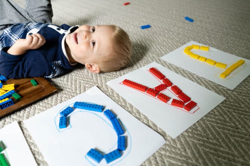 Make simple LEGO letters and working on color recognition with this quick name activity. Plus grab your camera for cute photo opp at the end!