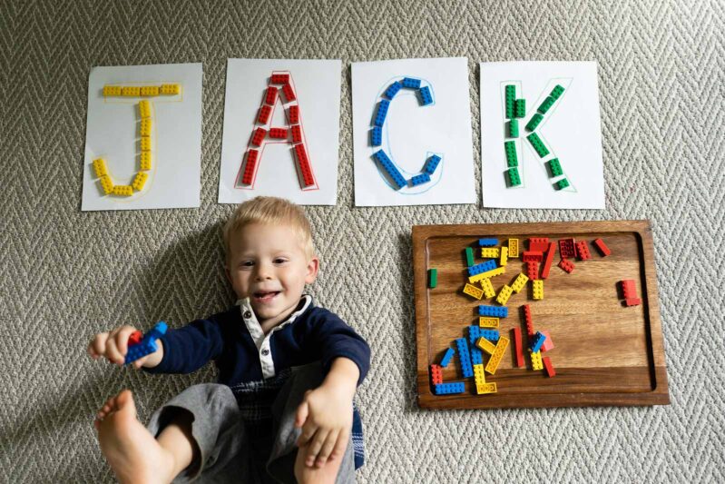 Easy LEGO letter using paper and markers to teach color recognition and work on fine motor skills that your toddler can do at home.