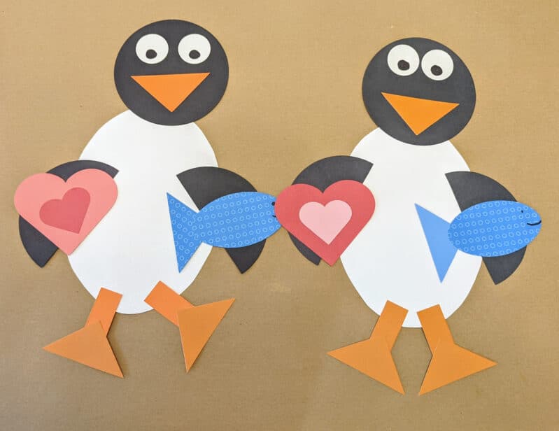 Work on shape recognition at home with this super simple and cute penguin craft that’s perfect for winter and Valentin’s Day too! Enjoy!