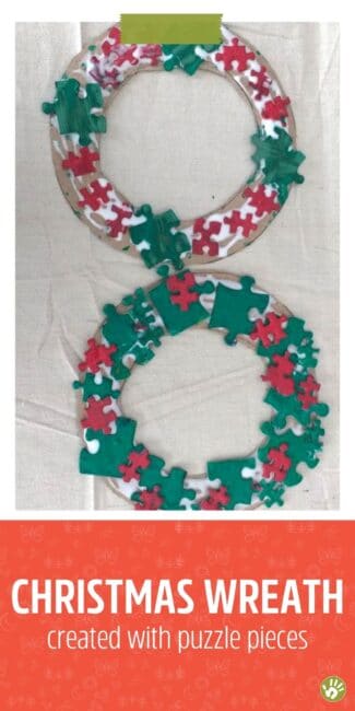 Grab some old puzzle pieces and turn them into a beautiful Christmas wreath craft with this simple activity for toddlers and preschoolers.