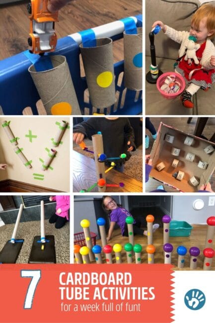 7 wonderfully simple learning activities for kids to do at home using recyclable toilet and paper towel cardboard tubes as a main supply.