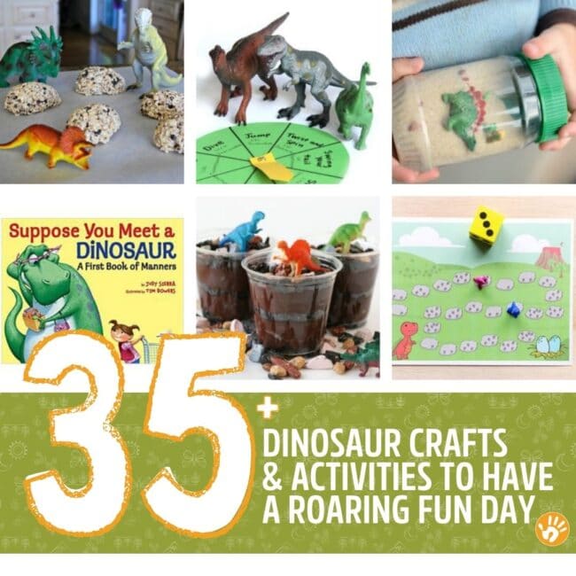 DIY your own simple dinosaur learning activities with 35+ dinosaur activity ideas for toddlers and preschoolers. Make learning super easy and fun for little ones!