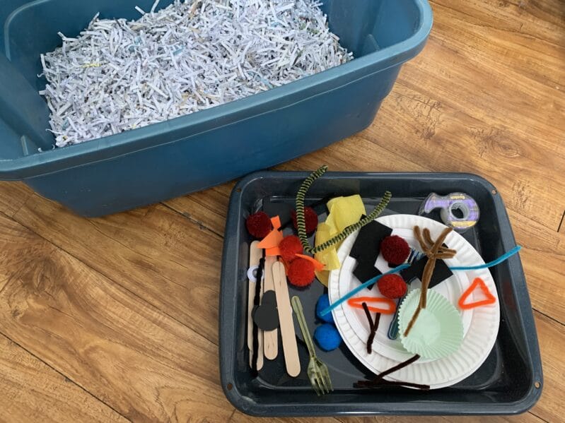 Supplies needed for a simple winter hands on bin play idea