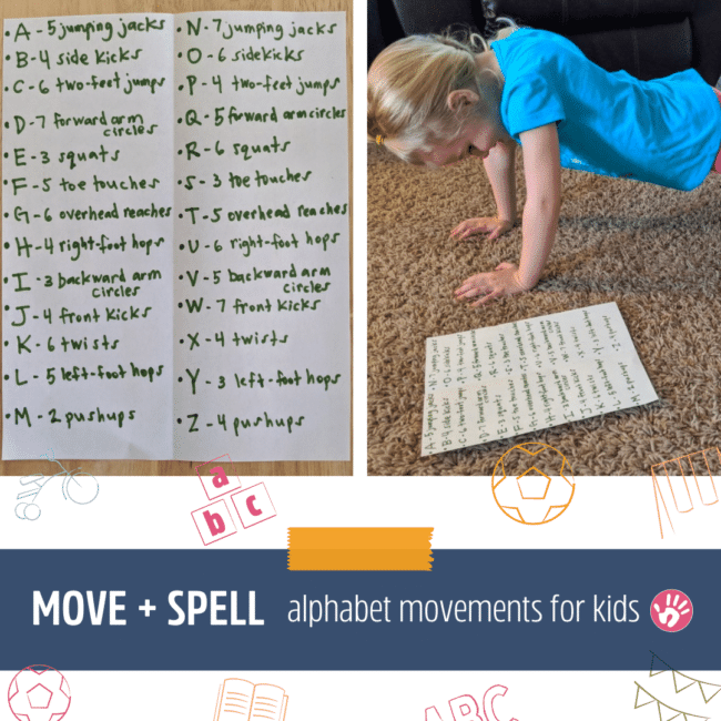 DIY a fun at home gross motor game that doubles as a literacy game for the kids and a workout for you! Win-Win!