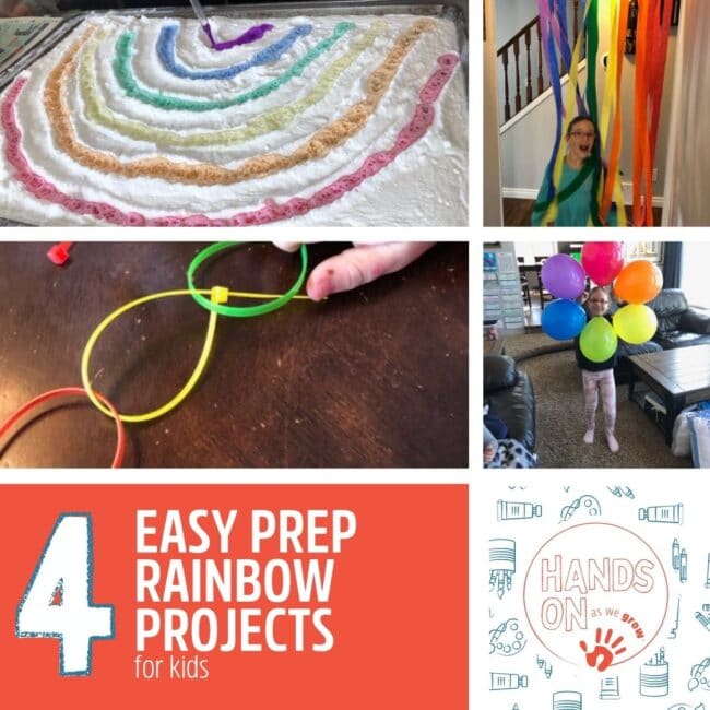 Try a rainbow theme with these 4 super simple projects for kids that are easy prep and mess free! Gross motor, fine motor, science and more!