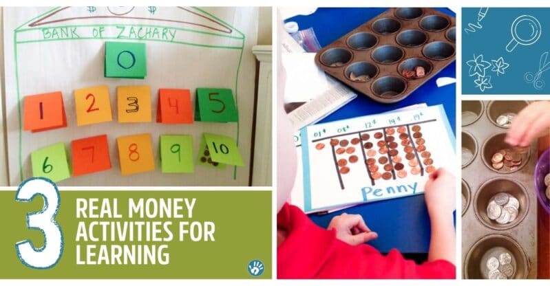 3 money activities that a reader does with her kids. These are three ways that she had her two kids (of different ages) learning with money.