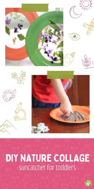 DIY a nature collage suncatcher that's the perfect craft for toddlers! We picked up so many cool leaves and flowers on our nature scavenger hunt, and I wanted to find a way to keep enjoying our treasures.
