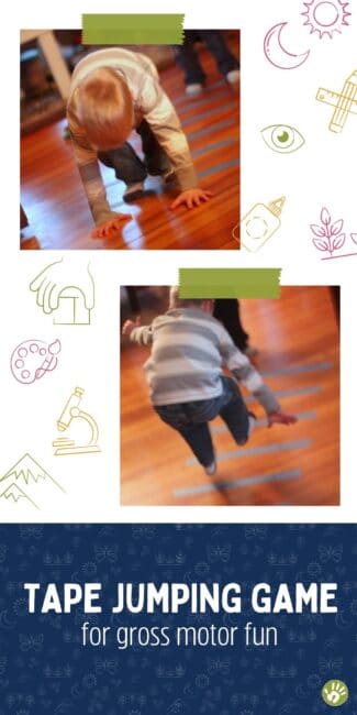 Get moving and work on preschool gross motor skills with a simple tape jumping game for kids to do indoors! It's a great energy buster!