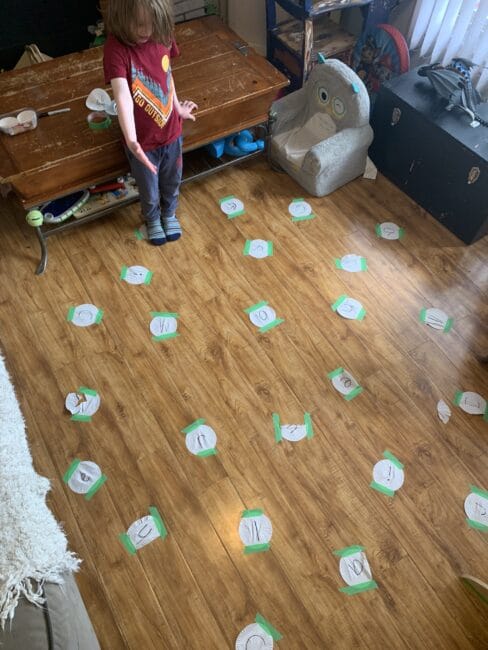 Play a silly game of jumping, twirling, or hopping to connect the letters to spell your name with this super easy preschooler activity!