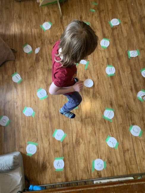 Play a silly game of jumping, twirling, or hopping to connect the letters to spell your name with this super easy preschooler activity!