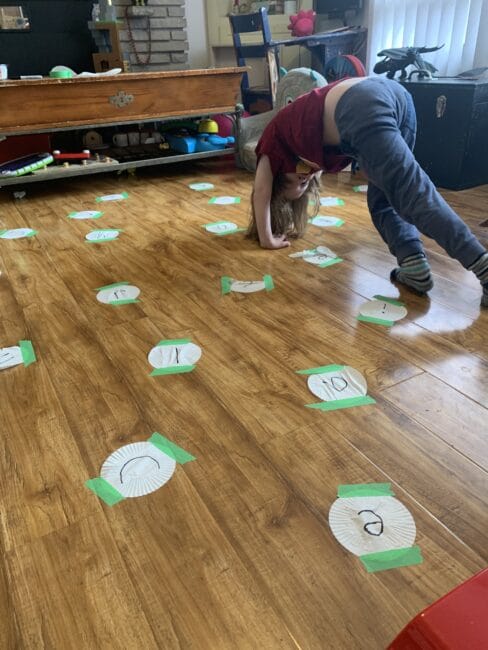 Practice spelling your name with a giant connect the dots game that keeps your preschooler hopping, twirling, and bouncing!