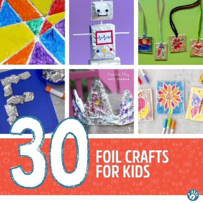 Fun crafts for kids that have one thing in common, aluminum foil. Robots, jewelry, ornaments and all kinds of other shiny silver creations.
