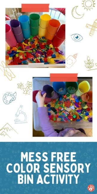 This rainbow sensory bin is totaly mess free! Use toys, craft items, household items and construction paper for a colorful sensory experience!