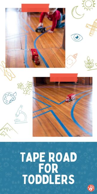 This easy setup tape road race track is perfect for toddlers who like things that go! Bonus, let them help with clean up for fine motor fun.