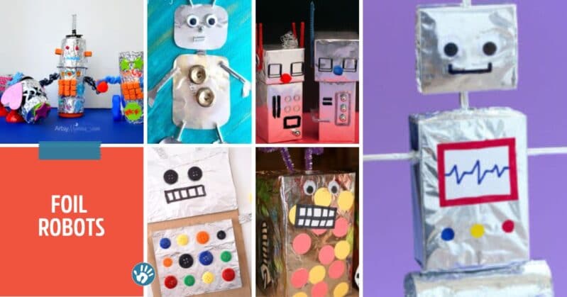 Fun crafts for kids that have one thing in common, aluminum foil. Robots, jewelry, ornaments and all kinds of other shiny silver creations.