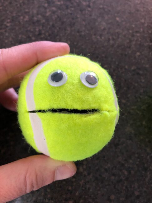 tennis ball cut to make a mouth to squeeze open and close with googly eyes to make a cute "Pac-Man"