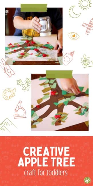 Toddlers can cut, glue and glitter for an apple tree craft! Very simple, basic and easy for craft for kids to make in the early fall.