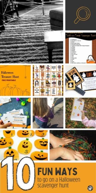 10 spooky-fun Halloween scavenger hunts for kids with pumpkins, spiders, monsters, ghosts and decorations.