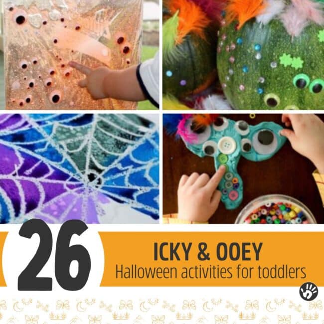 Not-so-scary, but still icky and ooey, Halloween activities for toddlers. Fun monsters, spiders and spider webs, pumpkins, and slimy fun!