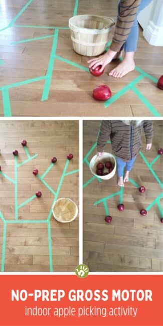 Toddlers and preschoolers will love this simple indoor gross motor activity! All you need to have is painters tape, apples, and a basket! Balance your way to “pick” all the apples.