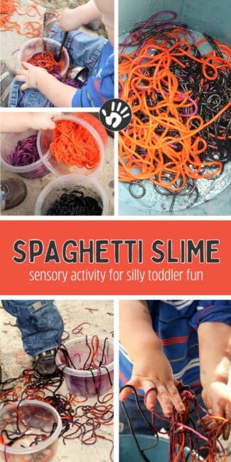 A spaghetti slime sensory activity is perfect for Halloween because it's oh-so-slimy! Toddlers explore the texture and have some silly fun.