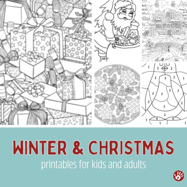Christmas & winter coloring pages for kids as well as adults (so Mom and Dad, or even Grandma, can sit and color with the kids). 
