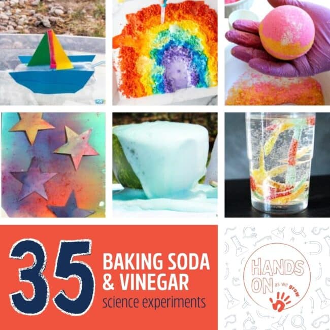 Experiment with some simple science that‘s exploding with fun using baking soda and vinegar in 35 different ways at home with your kids!