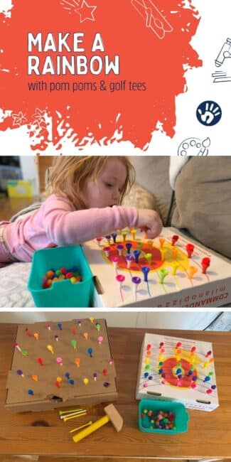 Can you balance pom poms on golf tees! Try out this super simple pom pom balancing activity and develop gross and fine motor at the same time!