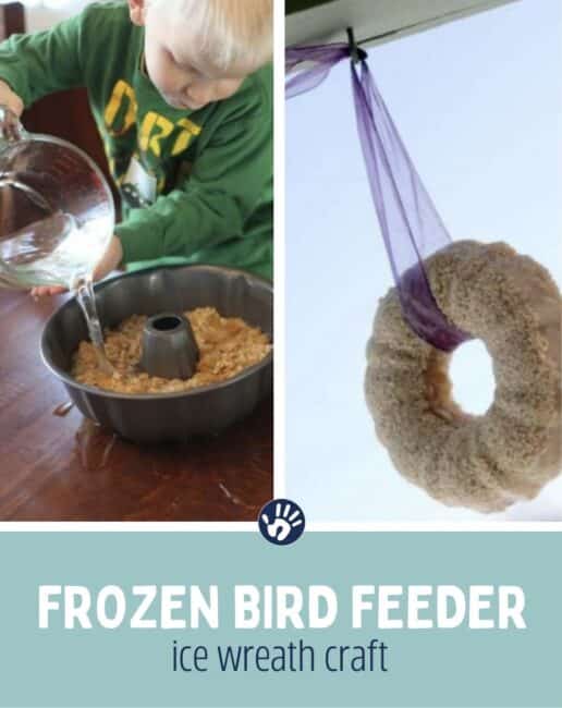 Gorgeous frozen ice wreath made from edible goodies from the pantry to make a bird feeder craft that kids can make. Treat the birds all winter long.