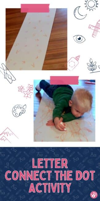 A simple but giant connect the dots activity using letters and numbers to work on writing skills! It’s great for getting preschoolers and toddlers moving and leaning using only butcher paper, tape, and markers.