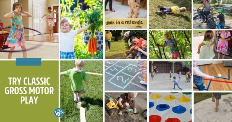 40+ High energy activities to get your kids moving and building those gross motor skills muscles right at home using supplies you already have.