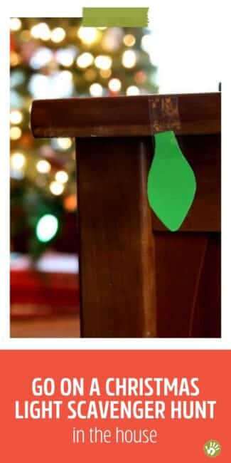 A Christmas light scavenger hunt to find and make a string of Christmas lights In the house with paper and tape. Perfect holiday gross motor activity for kids.