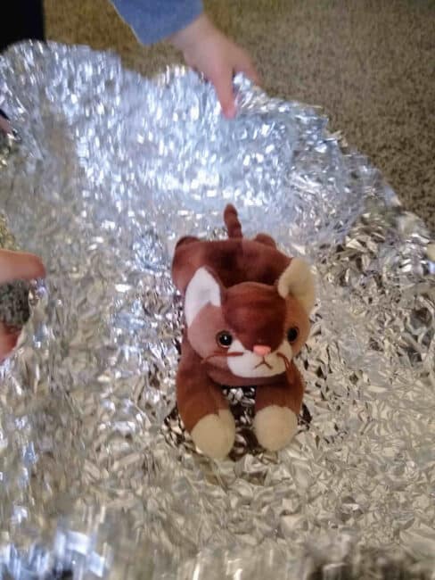 Clara makes a foil boat for her kitty