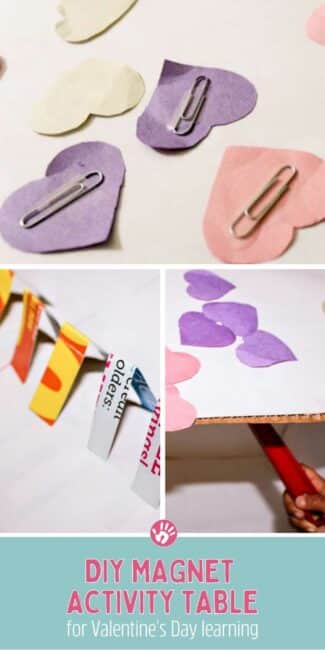 A cardboard box, a magnet, paper hearts, paper clips, and tape! That’s all you need to create this simple and fun DIY magnet table that has so many learning activity ideas you can try!