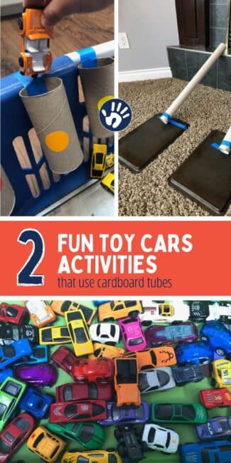 Cardboard tubes from your recycling bin plus toy cars equals tons of play fun for toddlers and preschoolers with these simple ideas you can do at home.