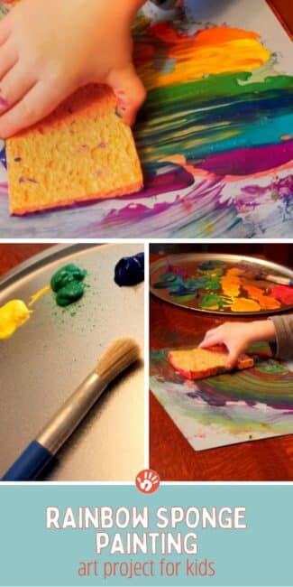Painting a rainbow with a single swipe of a sponge for toddlers. Do it over and over!