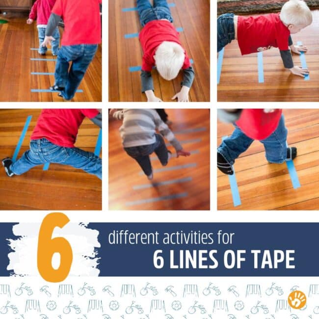 This tape jumping game is so simple and so effective for getting energy out indoors and improving gross motor skills for preschoolers.