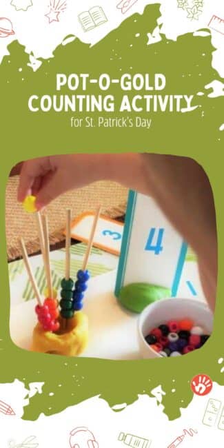 Help your preschooler learn number recognition and counting skills with this simple rainbow bead counting activity for St Patrick’s Day!