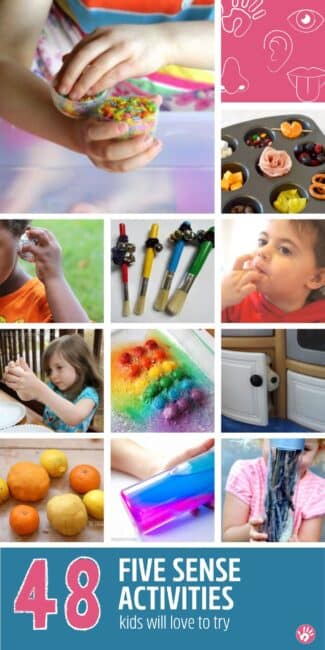 48 easy, hands-on sensory activities for kids to explore using all five senses. Touch, taste, smell, hearing and sight activities for toddlers and preschoolers.