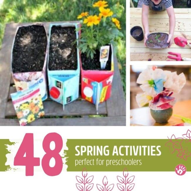 Spring into spring with this huge list of seasonally themed activities for preschoolers to enjoy at home. Crafts and art projects. Science and sensory. Fine motor and gross motor activities too!