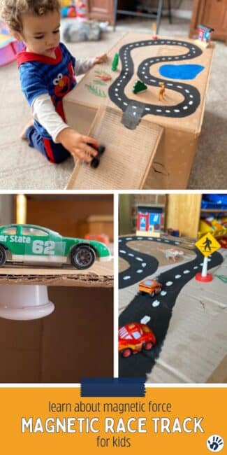 Let toddlers and preschoolers help create this super fun magnetic race track. It can be as simple or elaborate as you want.