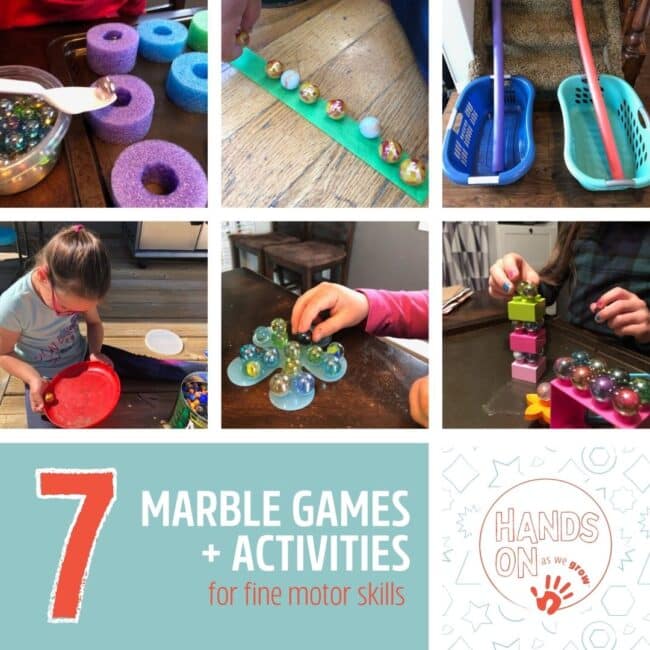 Fine motor games and activities for preschoolers using marbles and simple household supplies that are quick to prep and simple to try.