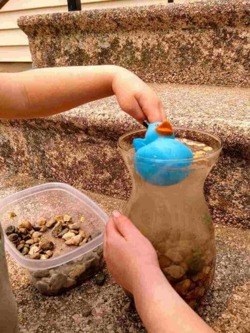 This super simple science experiment teaching water displacement while your toddlers use rocks to raise the water level to save their rubber ducky! Great busy play idea for toddlers in the backyard.