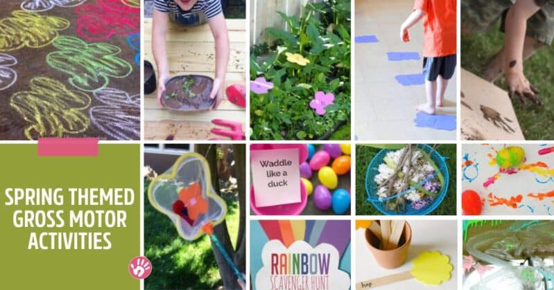 Spring themed gross motor activities for preschoolers to start moving indoors and outdoors!