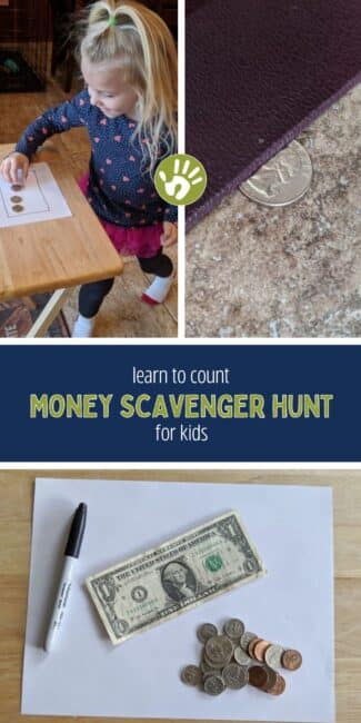 This simple way for kids to learn to count money with a scavenger hunt is sure to be a fun way to get moving and learning. Let’s make a dollar!