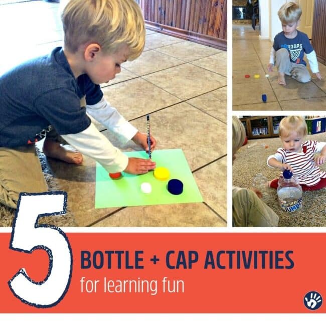 Fine motor, sensory, arts and more! All kinds of fun and learning can be had with recyclable bottle cap and lids!