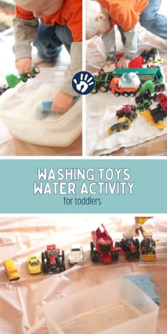 One of the most basic water activities you can do is to wash the toys. Its a perfect indoor water activity for toddlers to do. And clean the toys in the process!