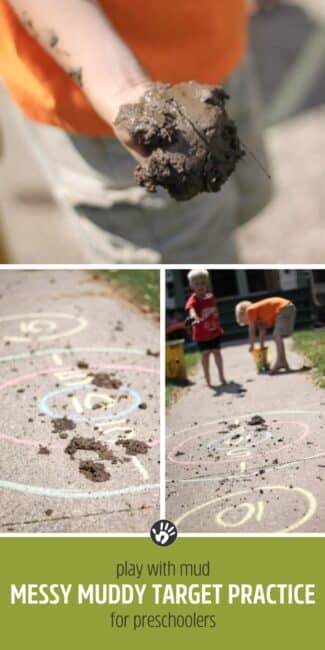 Make a chalk target on the sidewalk and then have a blast throwing mud balls for excellent and hilarious target practice that’s perfect for preschoolers gross motor play outdoors. Plus cleanup is fun with a hose: clean the sidewalk and the kids in one shot!