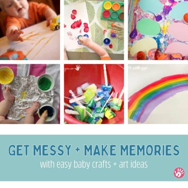 Encourage creative sensory development in your baby with super easy arts and crafts activities using edible paints. 10 super simple and fun ideas to make painting fun for babies!