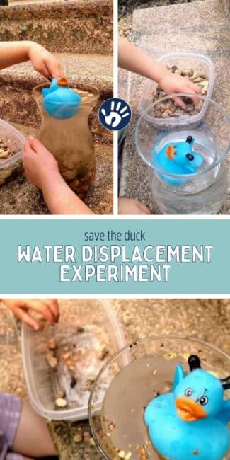 Use rocks to raise the water level and save the duck in this super simple water displacement science experiment for toddlers to do right in the backyard!